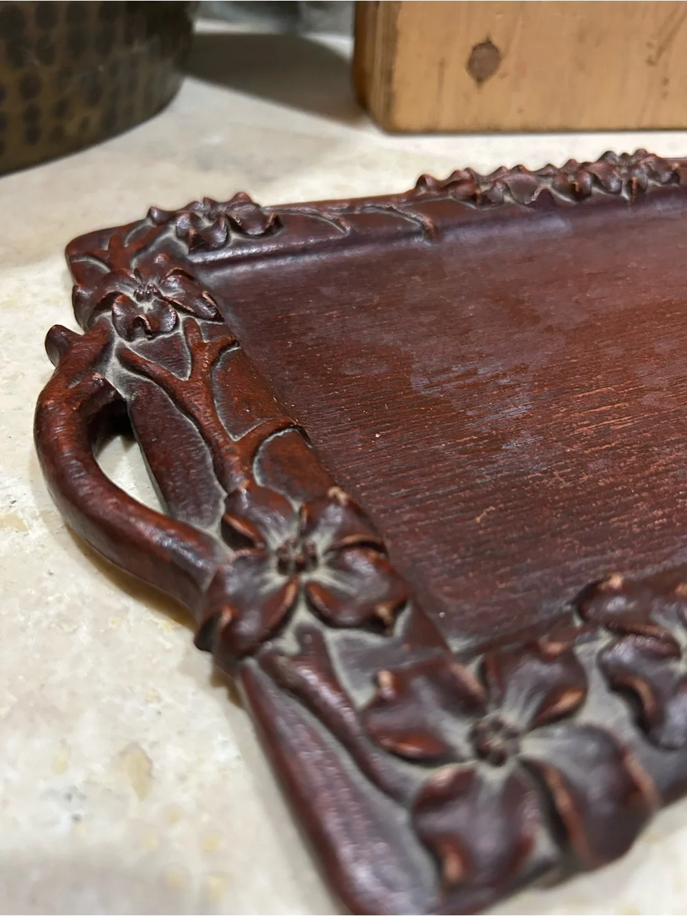 Vintage Syroco wooden tray w/intricate floral carvings and handles